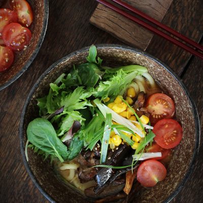 Miso Udon Noodle Soup with Aubergine