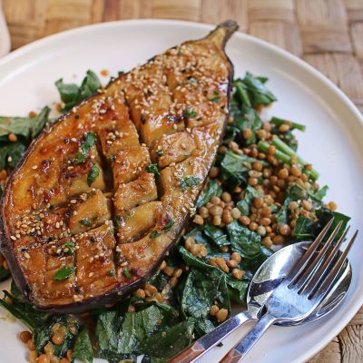 Roasted Miso Aubergine with Lentils