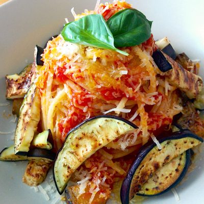 Roasted Aubergine and Tomato Spaghetti