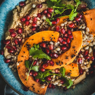 hummus pomegranate barley bowl